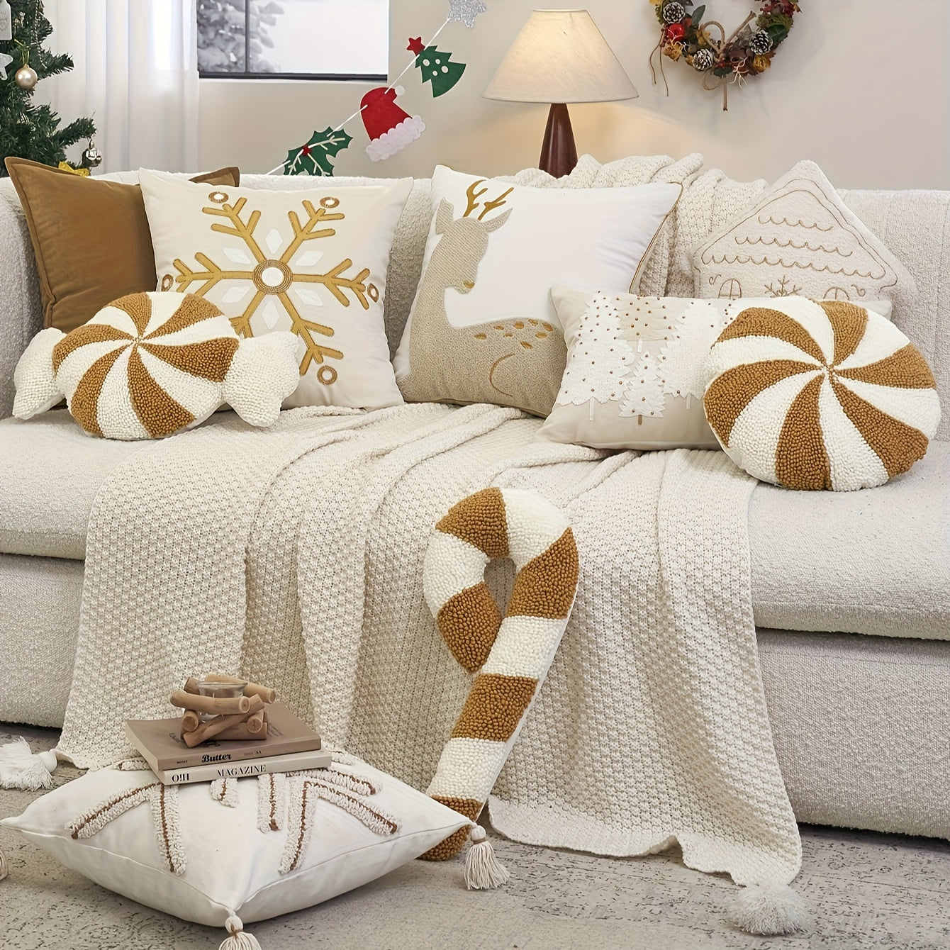 “Holiday Stripes” – Classic Round Christmas Throw Pillow