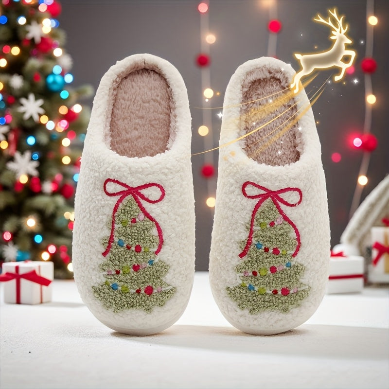 “Merry Steps” – Women’s Cozy Christmas Tree & Bow Slippers
