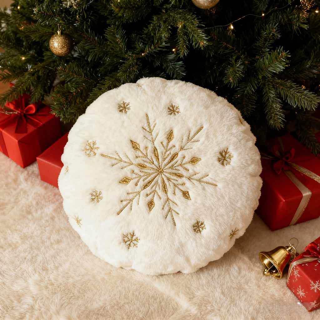 “Golden Frost” – 17-Inch Round Christmas Snowflake Pillow Cove