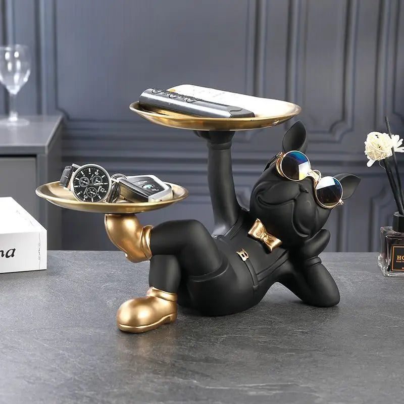 French Elegance: Bulldog Sculpture with Double Tray Storage