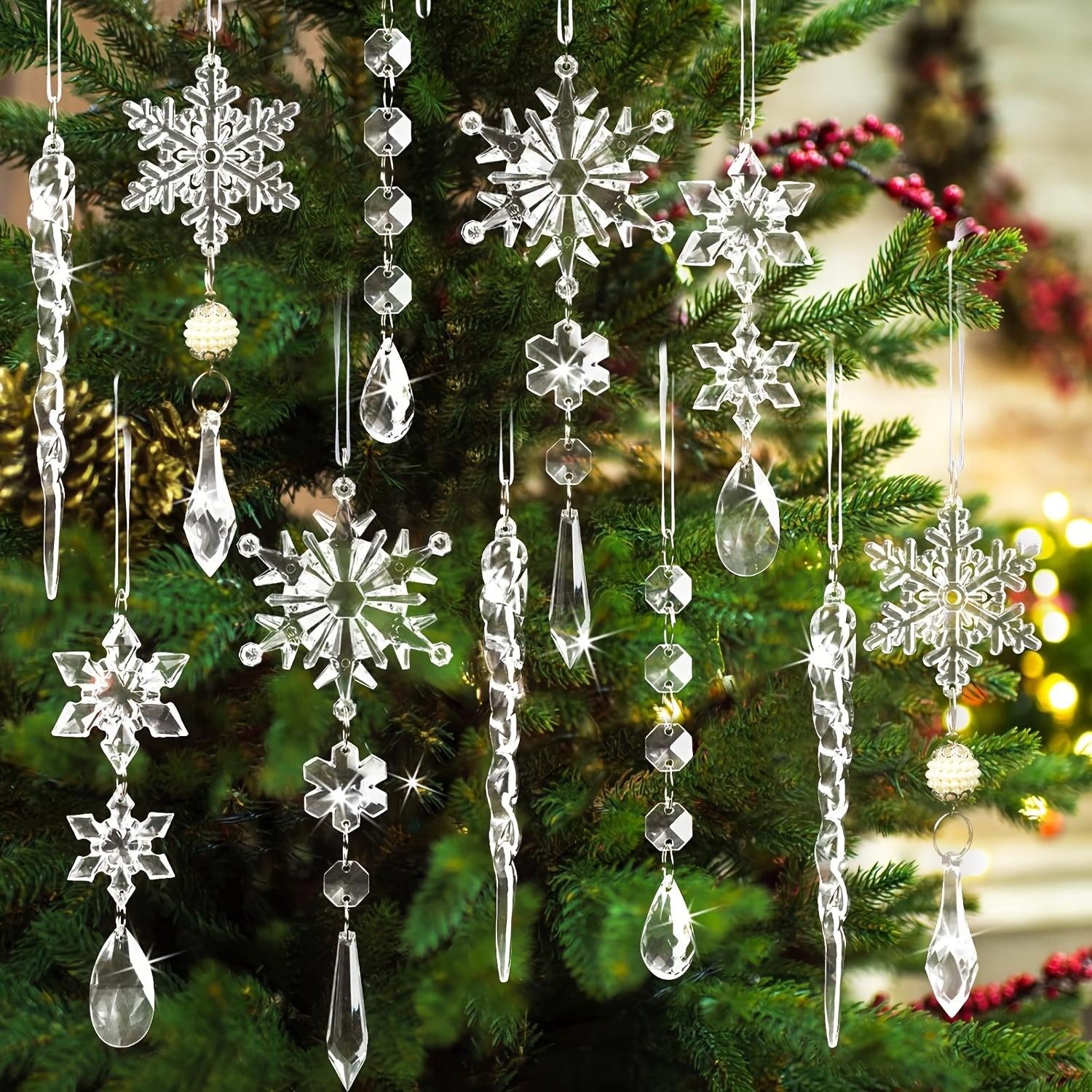 “Frosted Elegance” – 18-Piece 2D Crystal-Style Ice Pillar & Snowflake Christmas Ornament Set