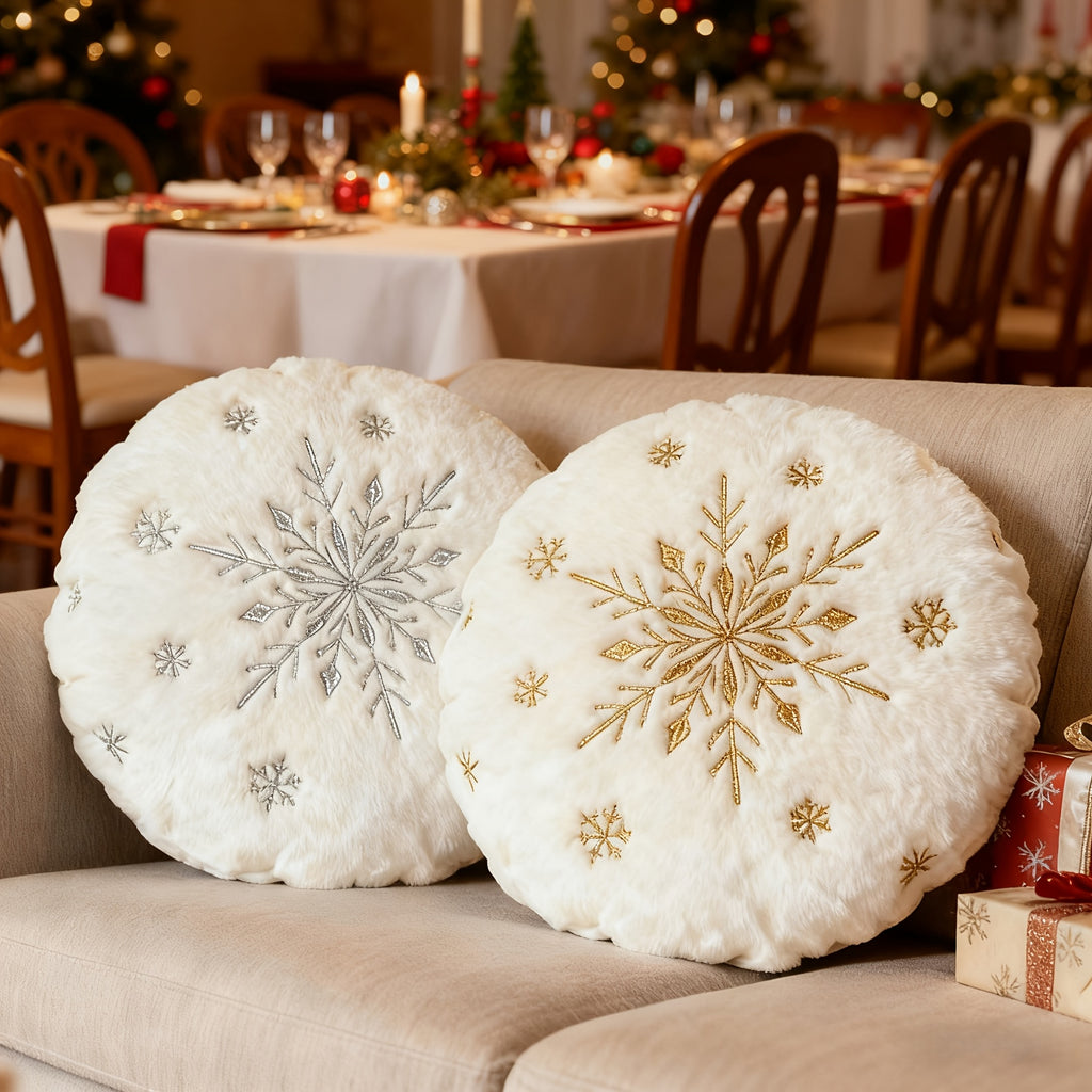“Golden Frost” – 17-Inch Round Christmas Snowflake Pillow Cove
