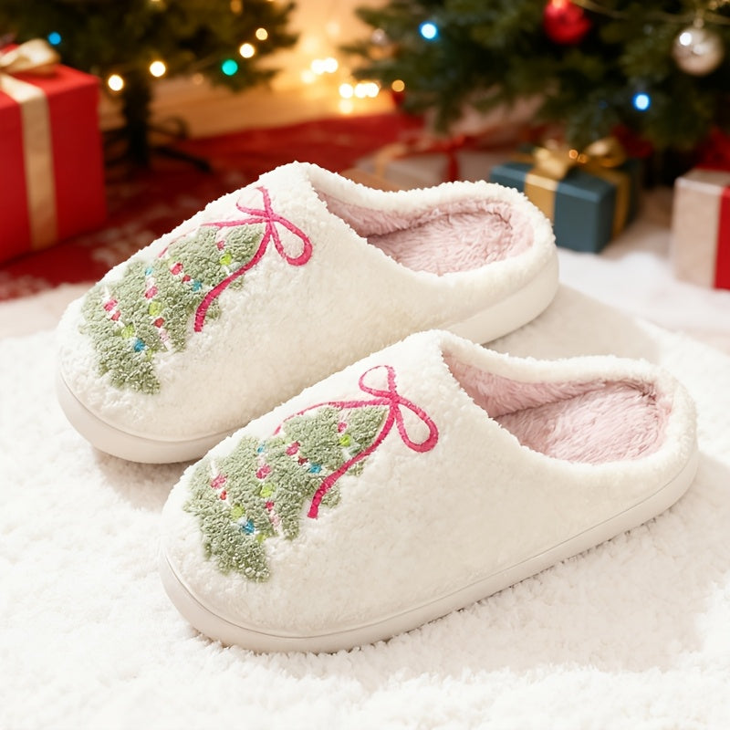 “Merry Steps” – Women’s Cozy Christmas Tree & Bow Slippers