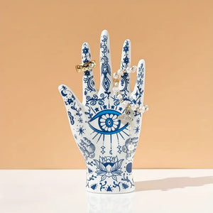 “Luz de Suerte” — White Ceramic Hamsa Jewelry Tray