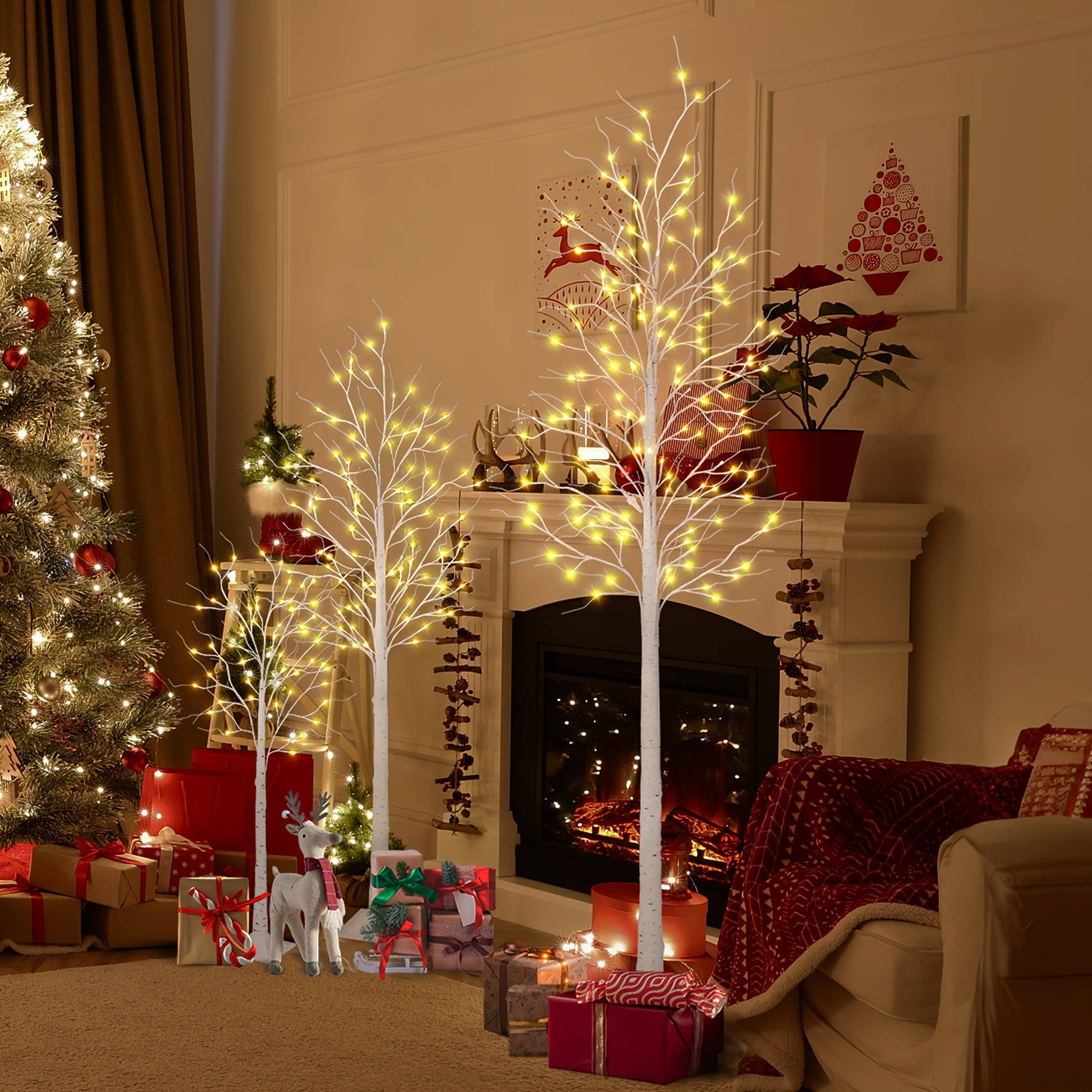 "Luminous Birch Trio” – 3-Pack Lighted Artificial Birch Trees with Warm White Fairy Lights