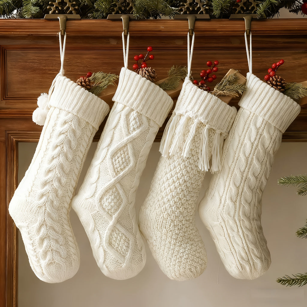“Hearth & Home” – 4-Piece 18-Inch Farmhouse Knitted Christmas Stockings