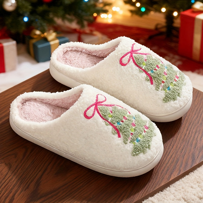 “Merry Steps” – Women’s Cozy Christmas Tree & Bow Slippers