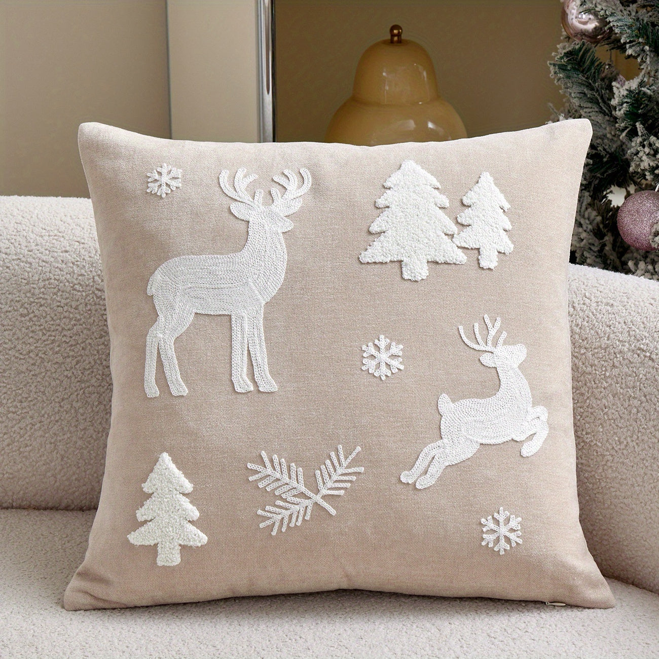 WinterWhimsy™ 3D Embroidered White Christmas Tree & Reindeer Pillow Cover