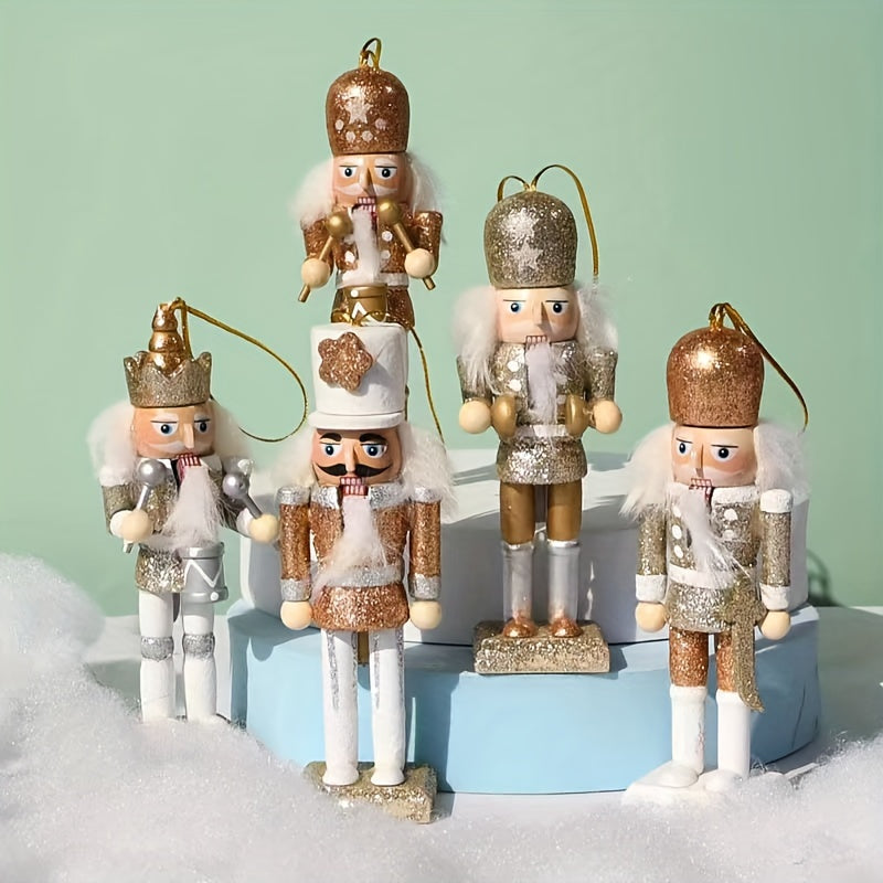 “Golden Guard” – 5-Piece Rustic Nutcracker Ornament Set