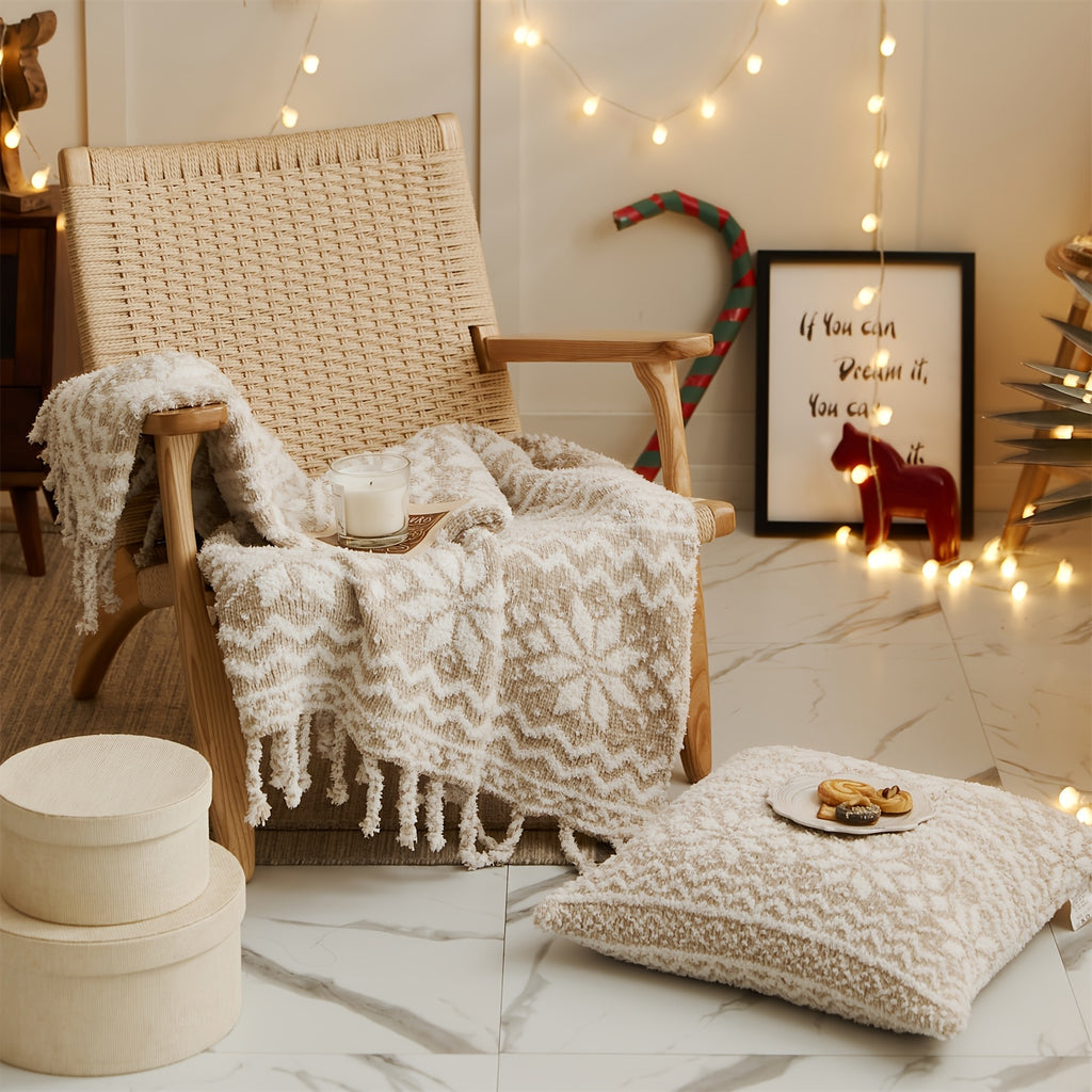 “Winter Whispers” – Cozy Snowflake Throw Blanket with Tassels