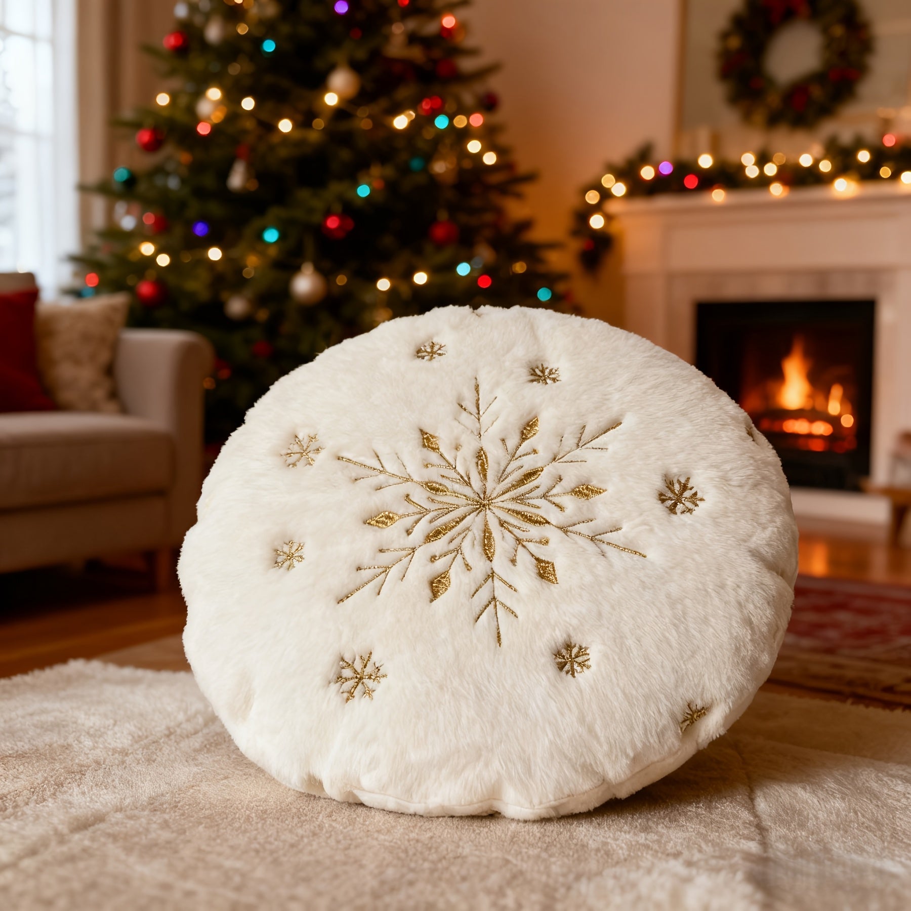 “Golden Frost” – 17-Inch Round Christmas Snowflake Pillow Cove