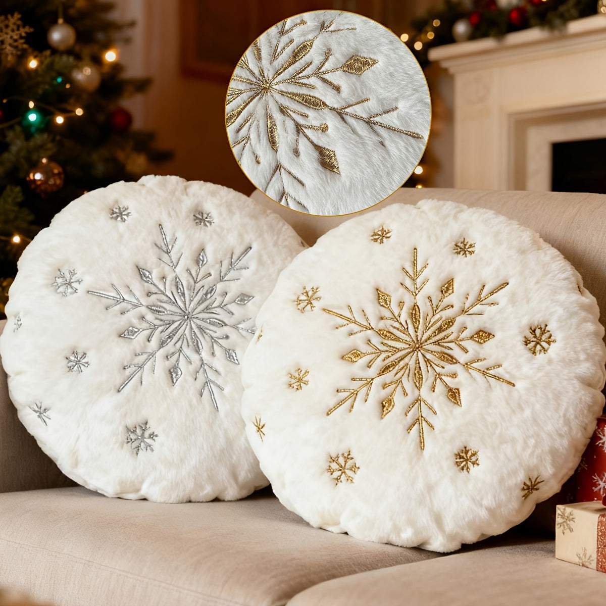 “Golden Frost” – 17-Inch Round Christmas Snowflake Pillow Cove