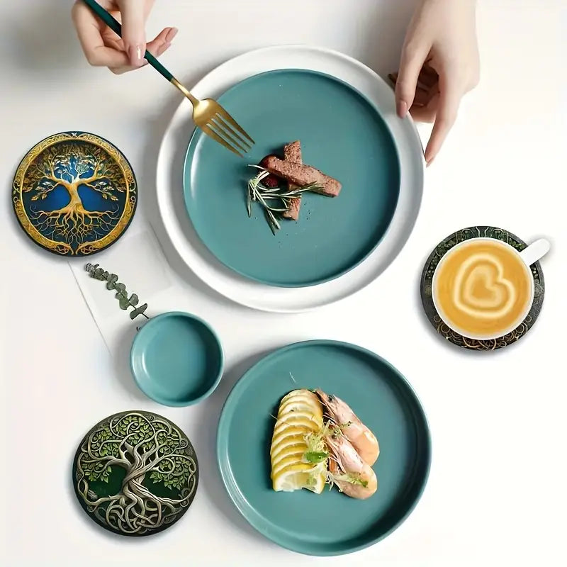 Sylva Éternelle™ | 8-Piece Wooden Coaster Set – Tree of Life Design