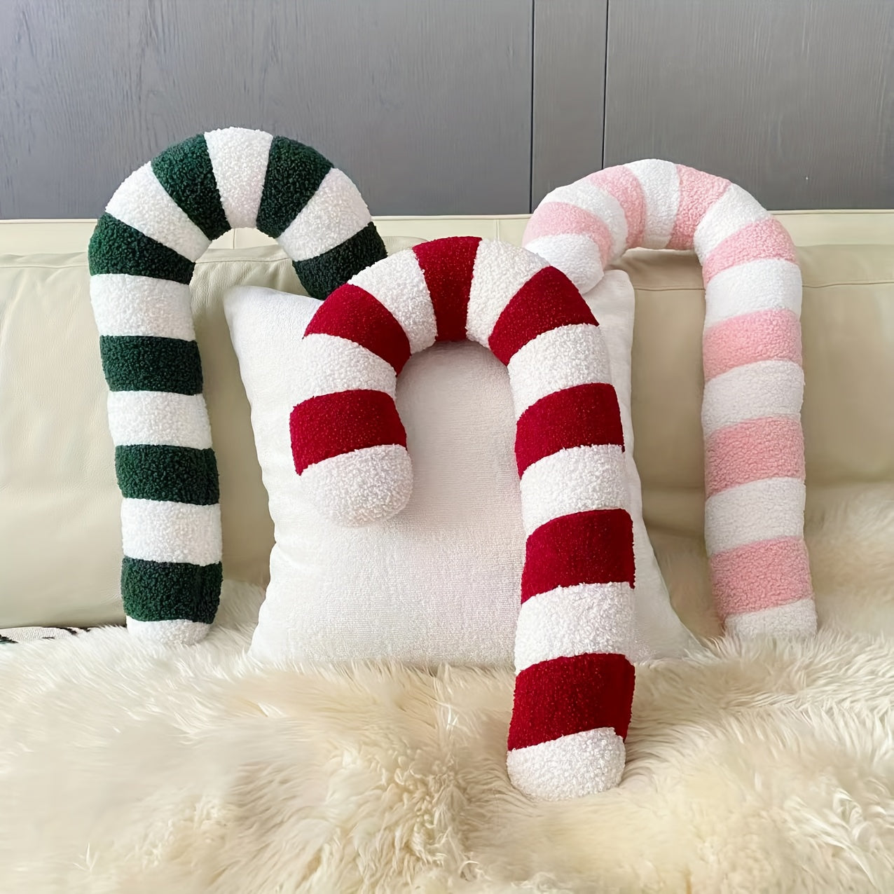 “Sweet Stripes” – Plush Candy Cane Holiday Pillow