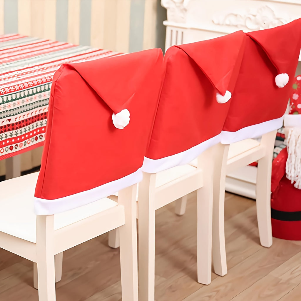 “Santa’s Seat Toppers” – 4-Piece Festive Red Santa Hat Chair Cover Set