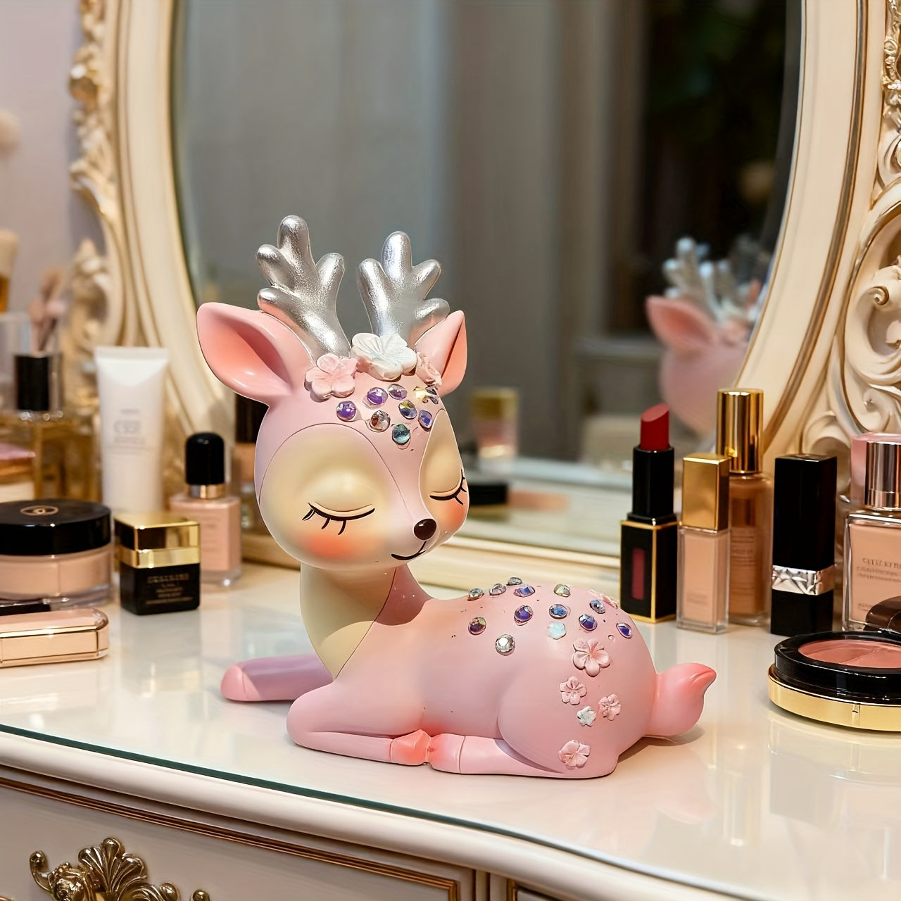 BlushRein™ Festive Pink Deer Figurine – Cute Resin Holiday Décor with Antlers