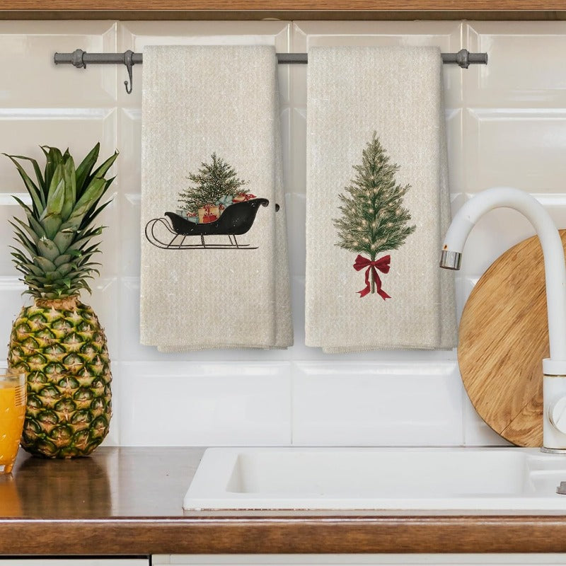 “Yuletide Charm” – 2-Piece Retro Farmhouse Christmas Kitchen Dishcloth Set