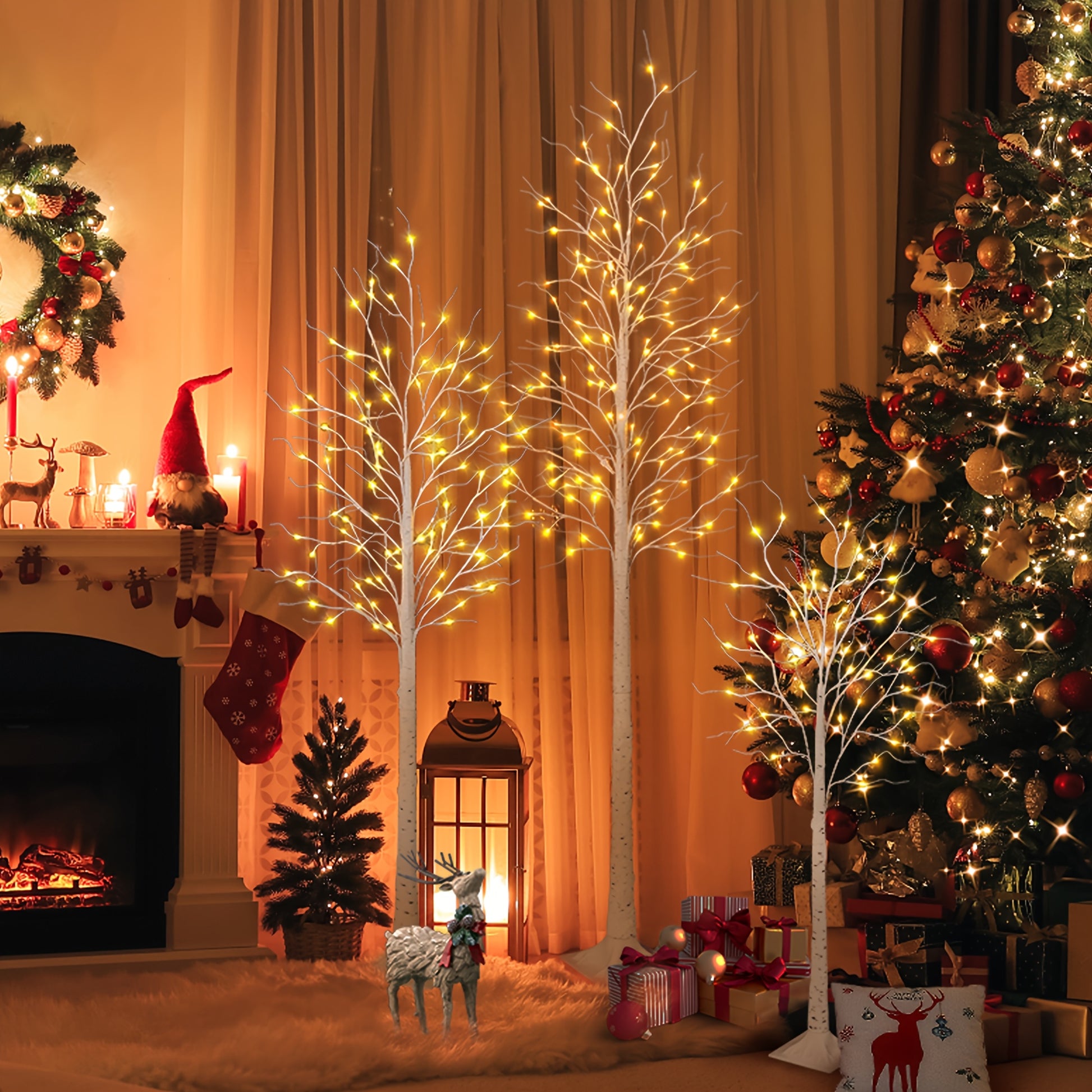 "Luminous Birch Trio” – 3-Pack Lighted Artificial Birch Trees with Warm White Fairy Lights