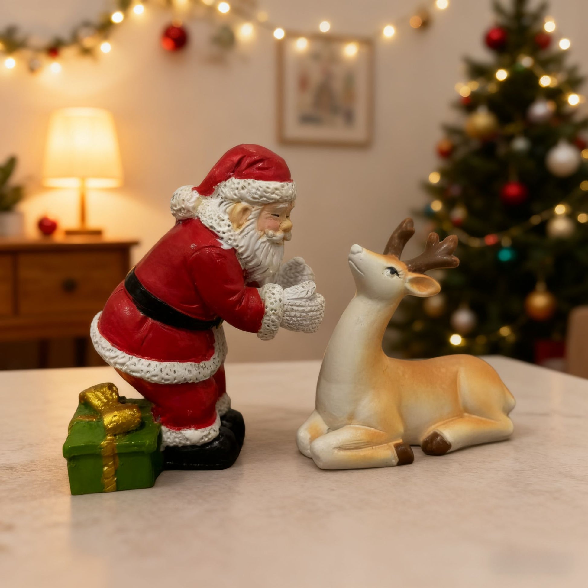 FestivePair™ 2-Piece Santa & Reindeer Resin Figurine Set