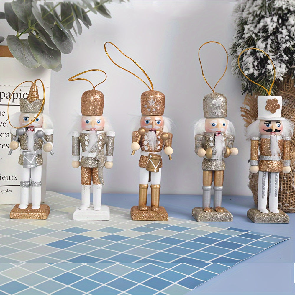 “Golden Guard” – 5-Piece Rustic Nutcracker Ornament Set