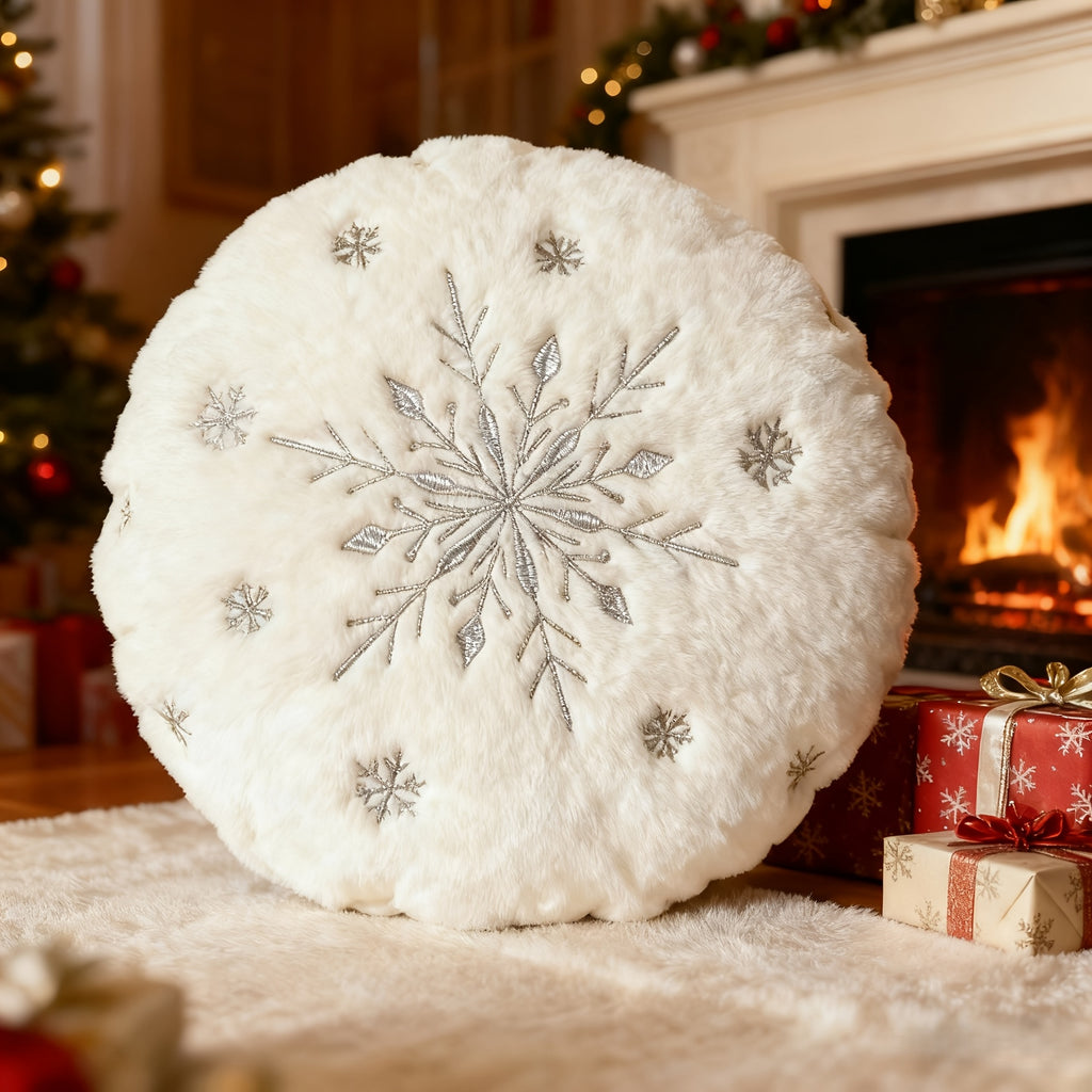 “Golden Frost” – 17-Inch Round Christmas Snowflake Pillow Cove