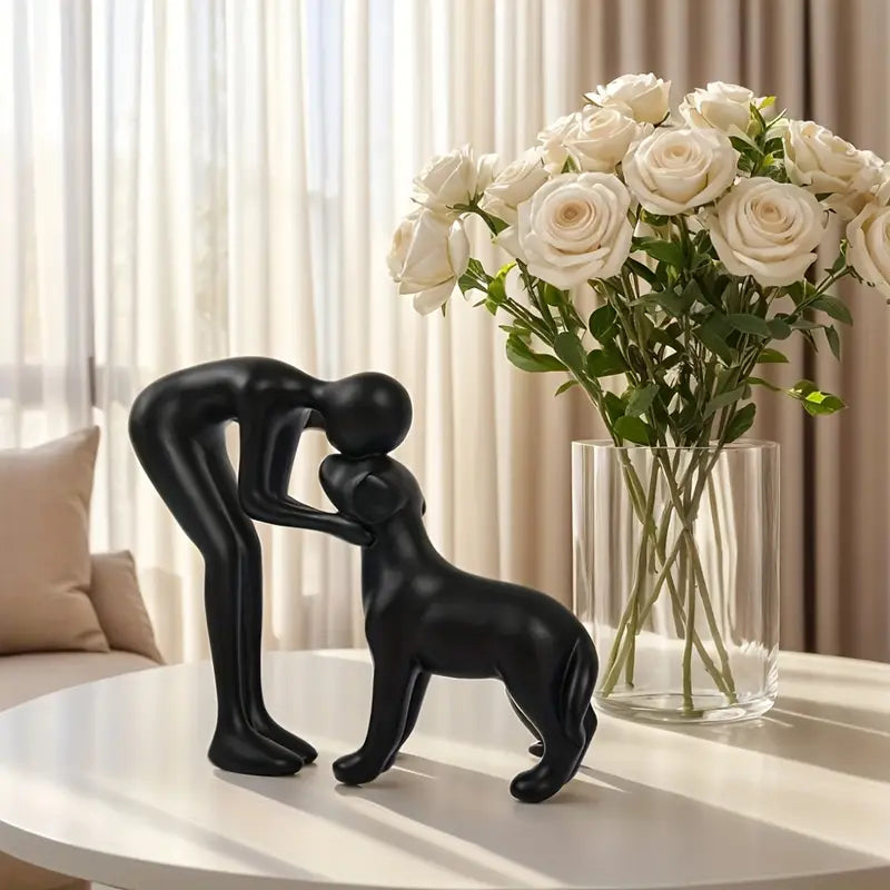 Eternal Bond™ | Handcrafted Resin Dog & Owner Statue (Matte Black)