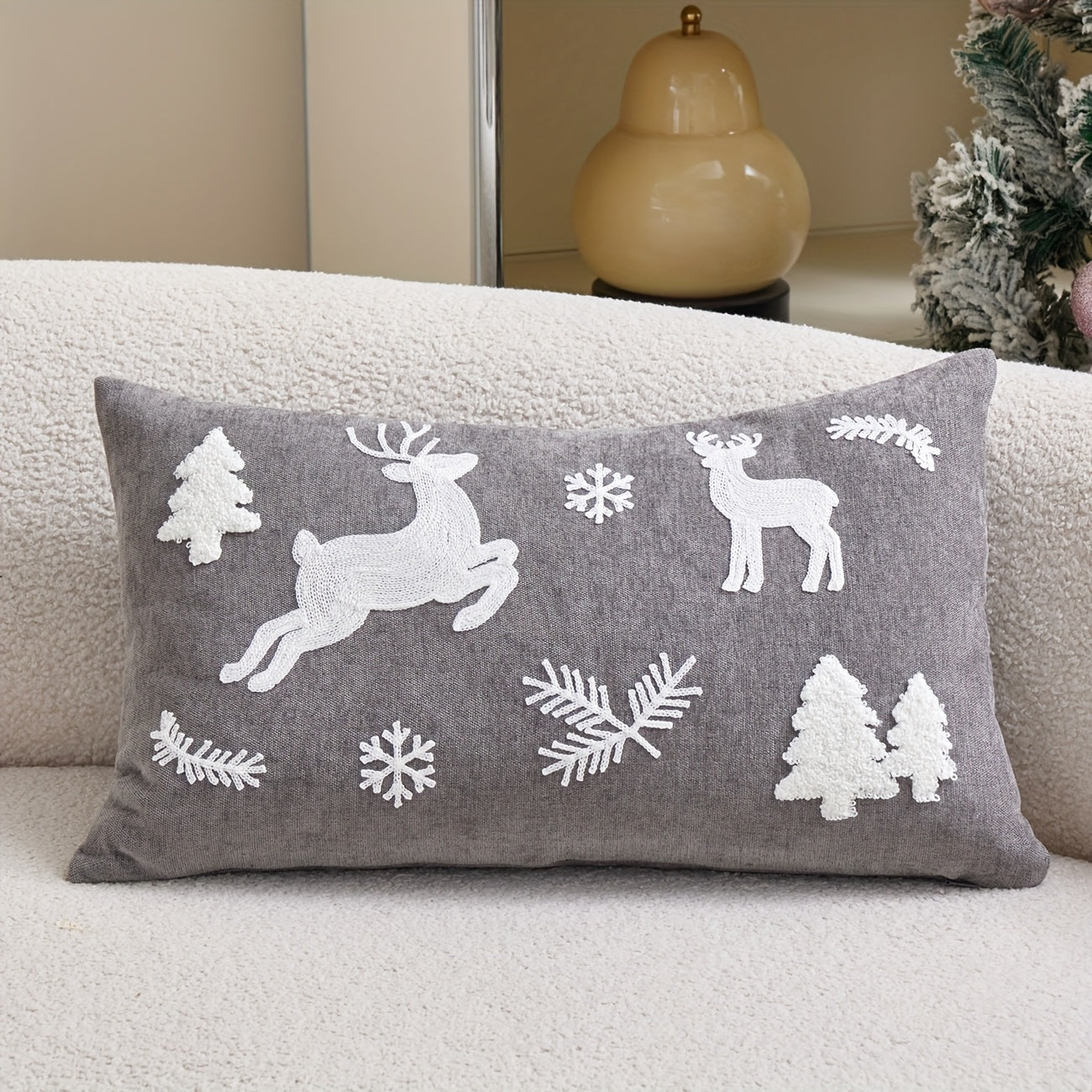 WinterWhimsy™ 3D Embroidered White Christmas Tree & Reindeer Pillow Cover