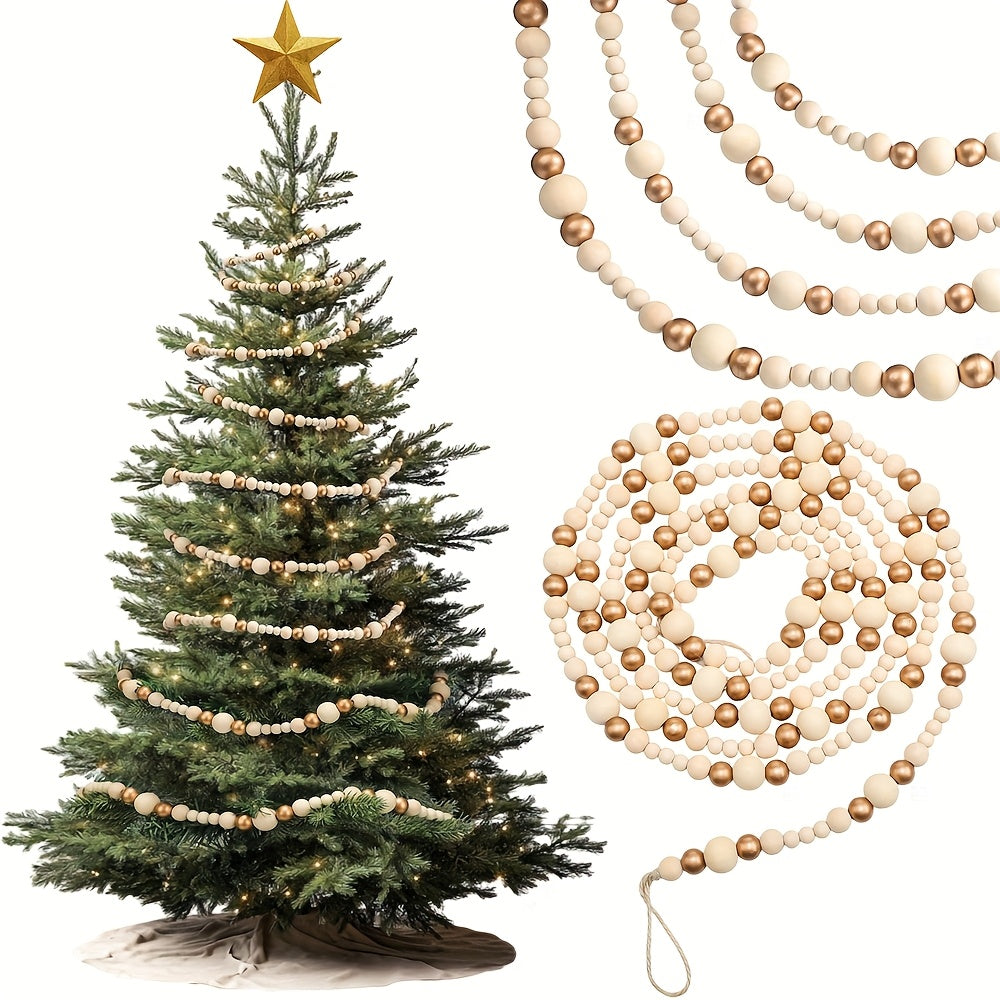 “Golden Evergreen” – 27ft Vintage Wooden Christmas Tree Garland