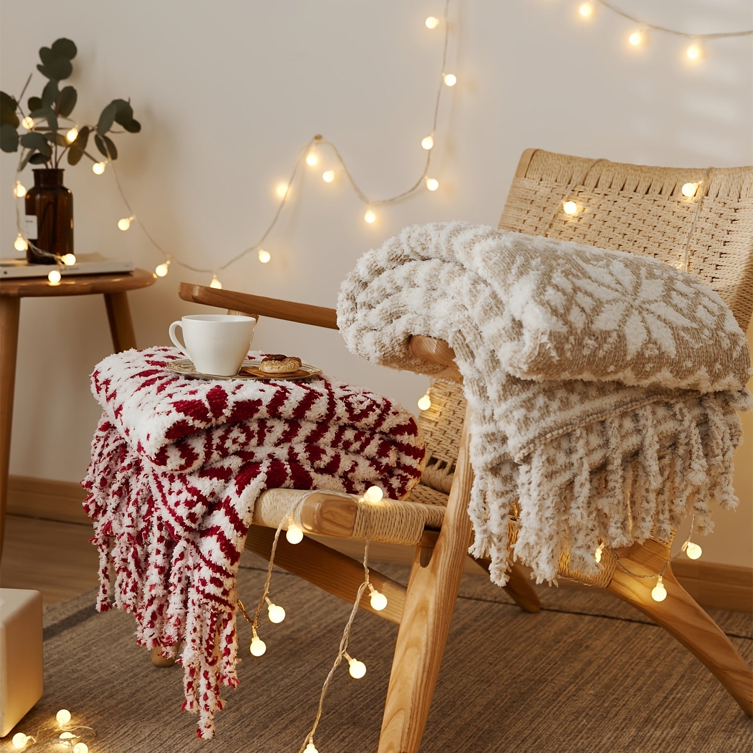 “Winter Whispers” – Cozy Snowflake Throw Blanket with Tassels
