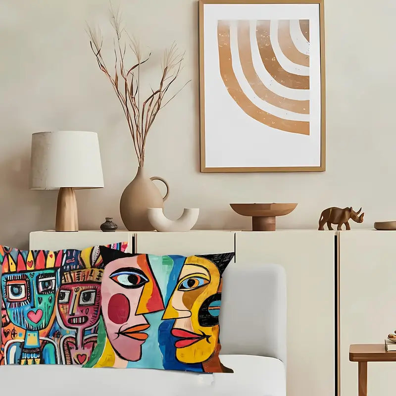 “Cubist Visages” — 4-Pack Abstract Geometric Face Throw Pillow Covers
