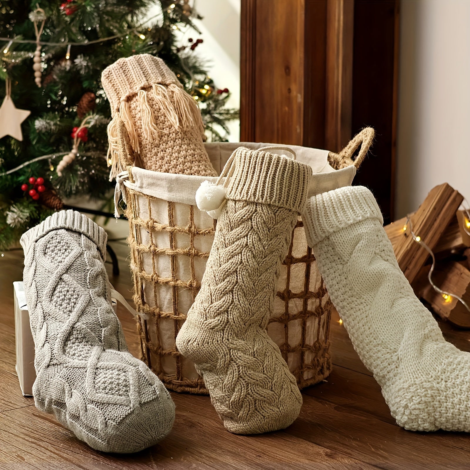 “Nordic Hearth” – 4-Pack Cozy Cable Knit Christmas Stockings