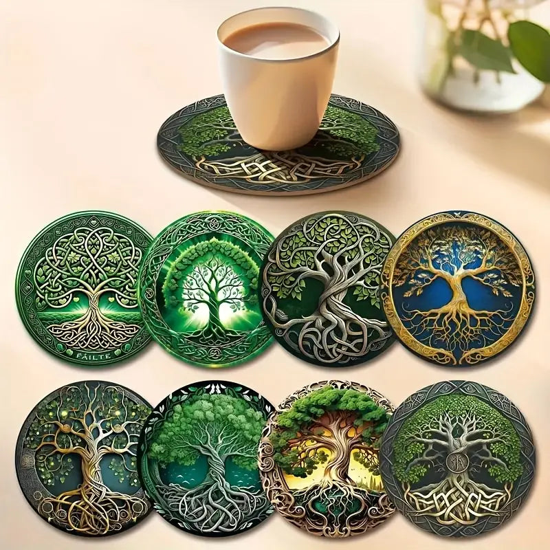 Sylva Éternelle™ | 8-Piece Wooden Coaster Set – Tree of Life Design