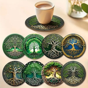 Sylva Éternelle™ | 8-Piece Wooden Coaster Set – Tree of Life Design