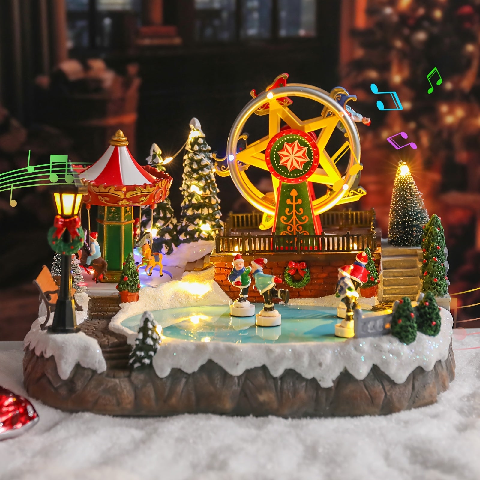 “Twilight Winter Park” – Animated Christmas Village with Moving Skaters, Light-Up Carousel & Rotating Ferris Wheel | Musical Holiday Tabletop Centerpiece