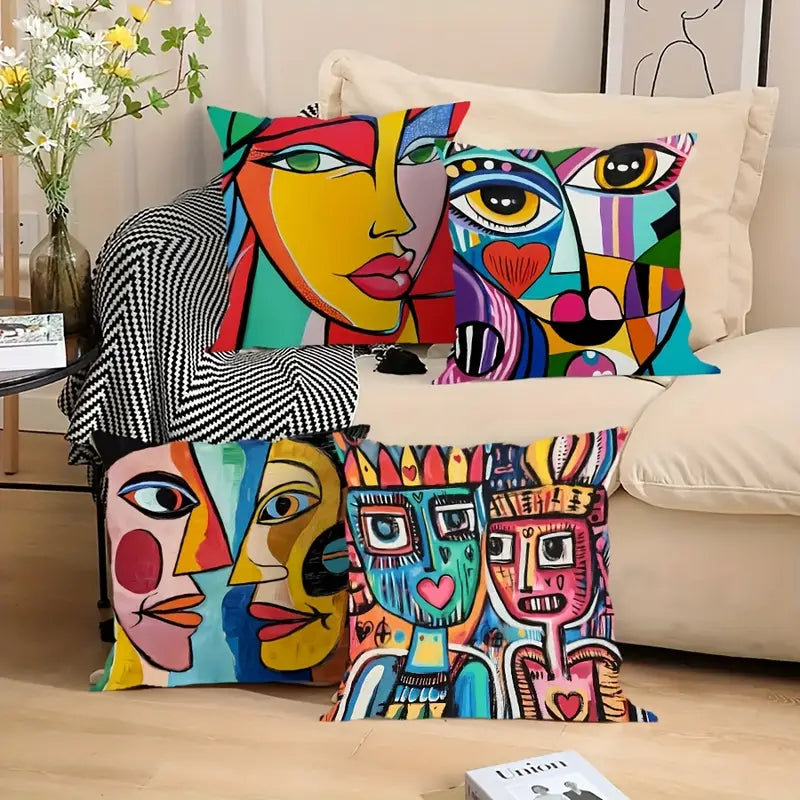 “Cubist Visages” — 4-Pack Abstract Geometric Face Throw Pillow Covers