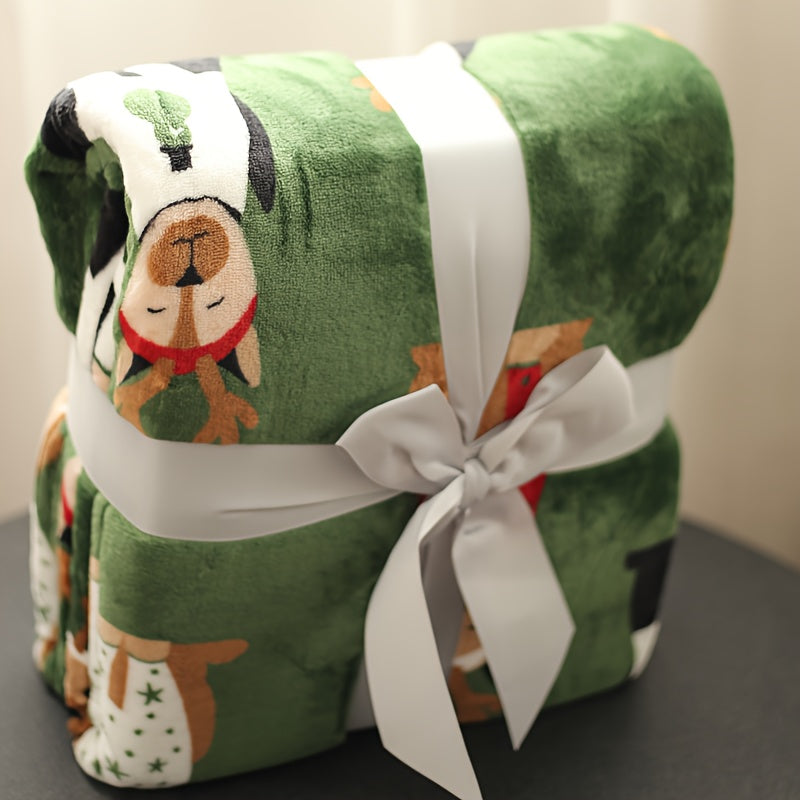 PawHaven™ Cozy Green Dog Print Christmas Blanket