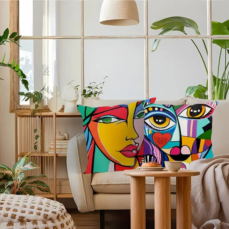 “Cubist Visages” — 4-Pack Abstract Geometric Face Throw Pillow Covers