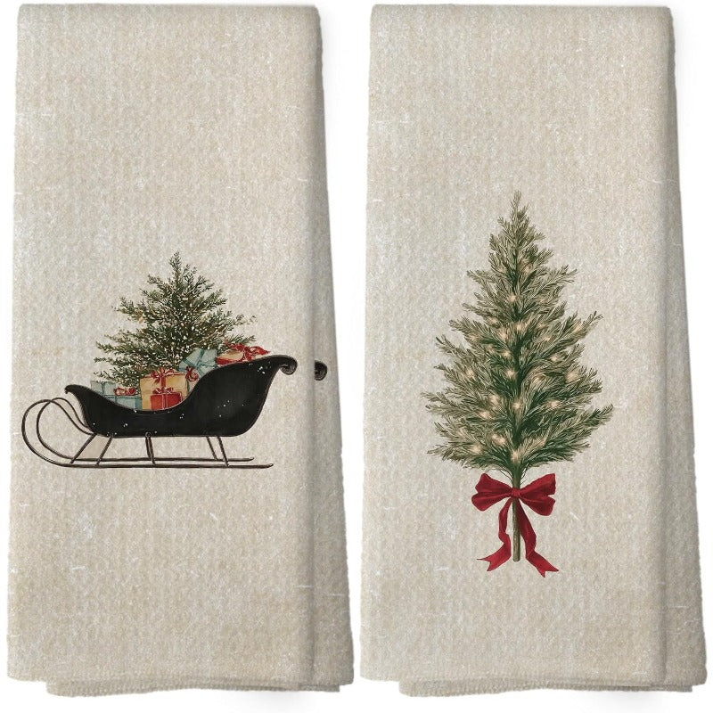 “Yuletide Charm” – 2-Piece Retro Farmhouse Christmas Kitchen Dishcloth Set