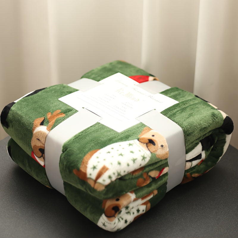 PawHaven™ Cozy Green Dog Print Christmas Blanket