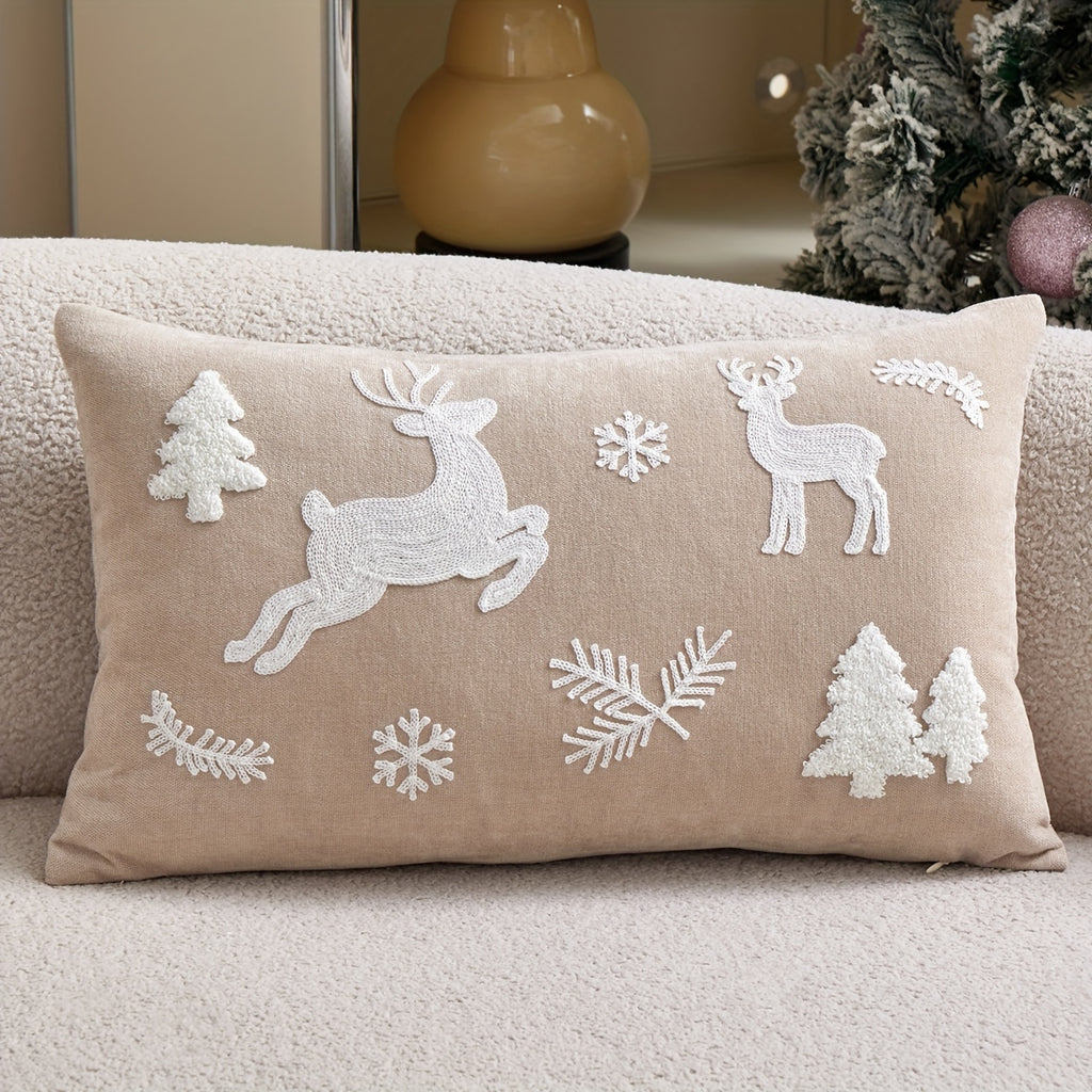 WinterWhimsy™ 3D Embroidered White Christmas Tree & Reindeer Pillow Cover