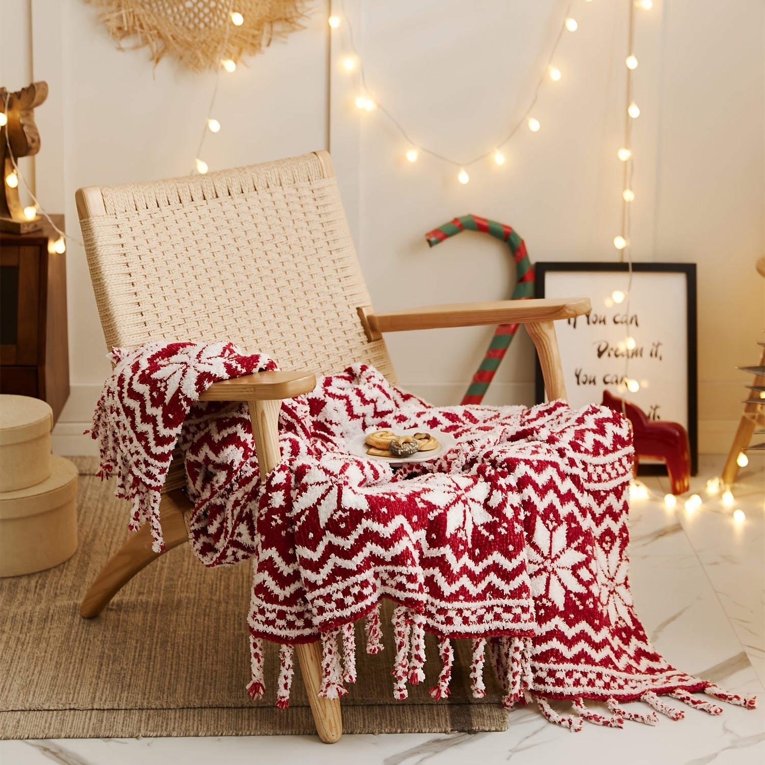 “Winter Whispers” – Cozy Snowflake Throw Blanket with Tassels