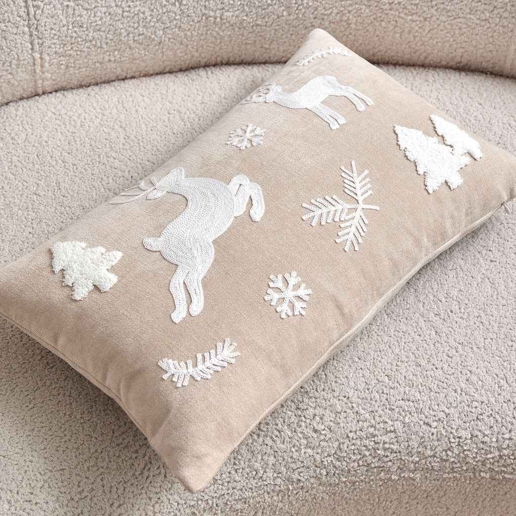 WinterWhimsy™ 3D Embroidered White Christmas Tree & Reindeer Pillow Cover