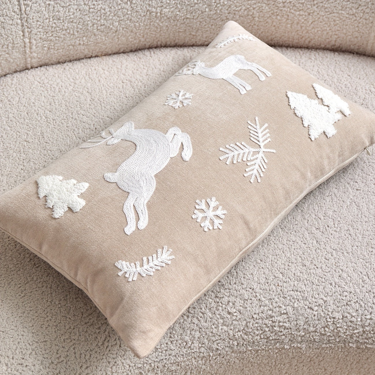 WinterWhimsy™ 3D Embroidered White Christmas Tree & Reindeer Pillow Cover