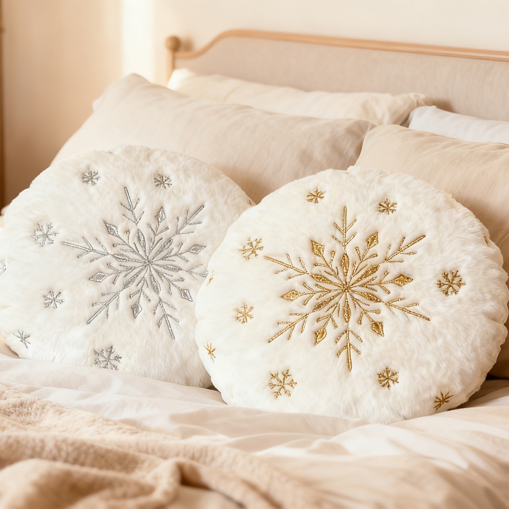 “Golden Frost” – 17-Inch Round Christmas Snowflake Pillow Cove