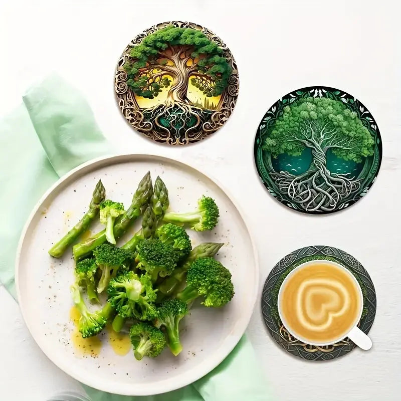 Sylva Éternelle™ | 8-Piece Wooden Coaster Set – Tree of Life Design