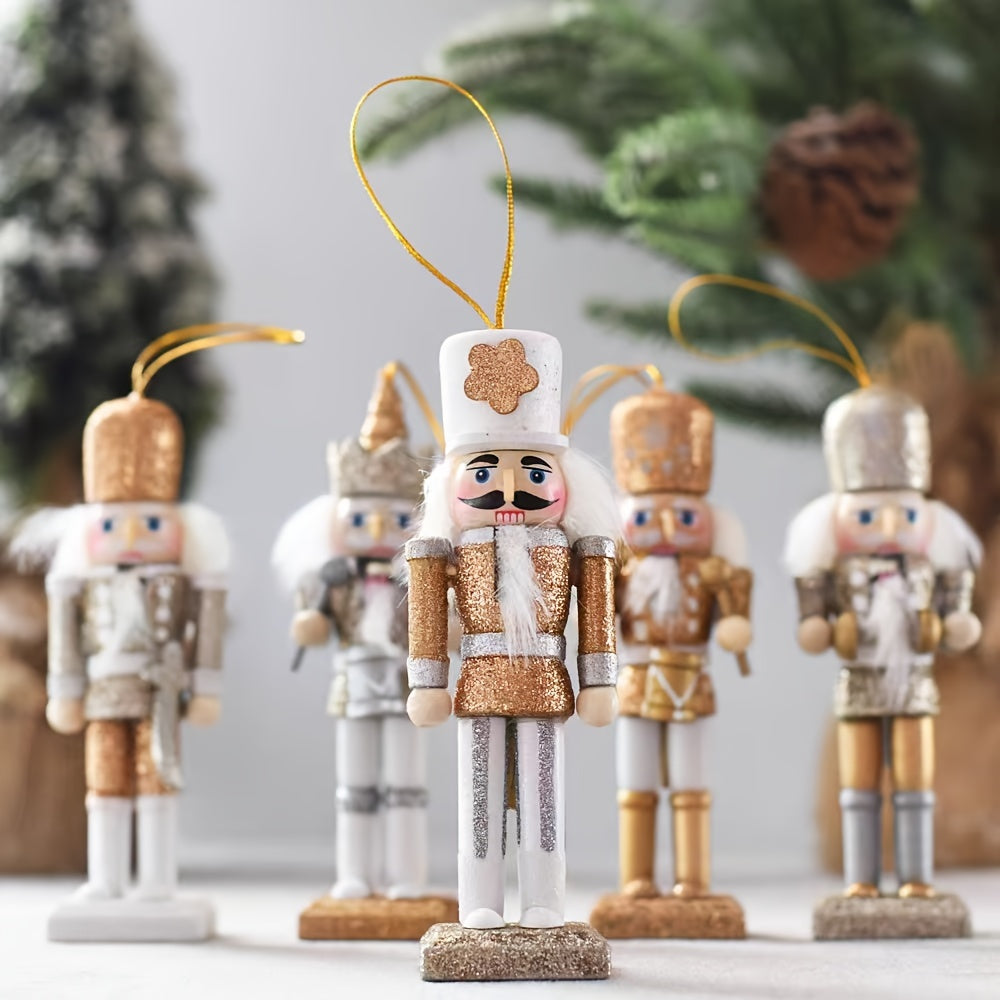 “Golden Guard” – 5-Piece Rustic Nutcracker Ornament Set
