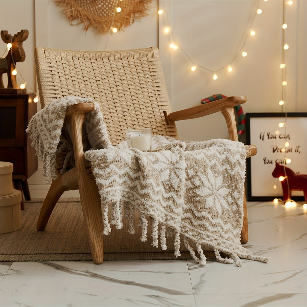 “Winter Whispers” – Cozy Snowflake Throw Blanket with Tassels