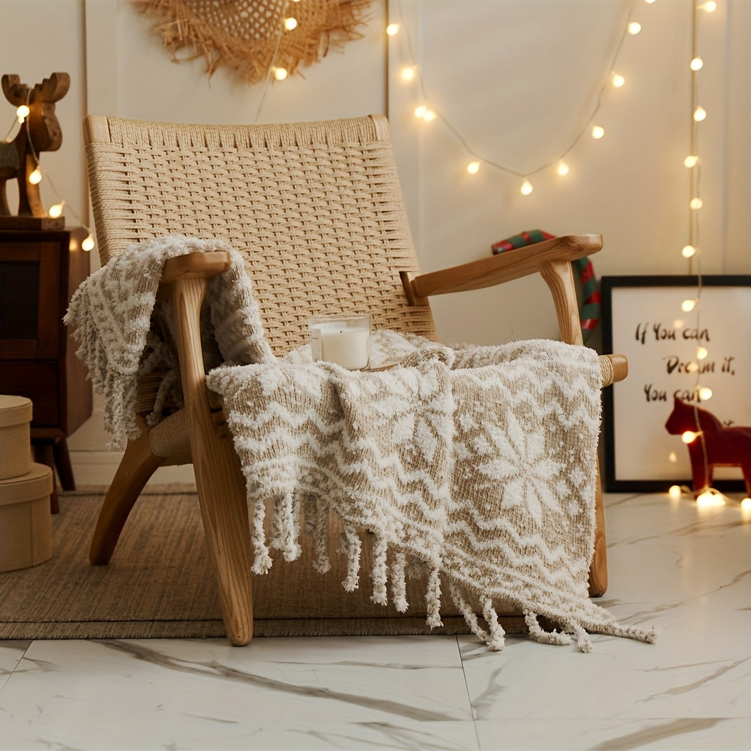 “Winter Whispers” – Cozy Snowflake Throw Blanket with Tassels