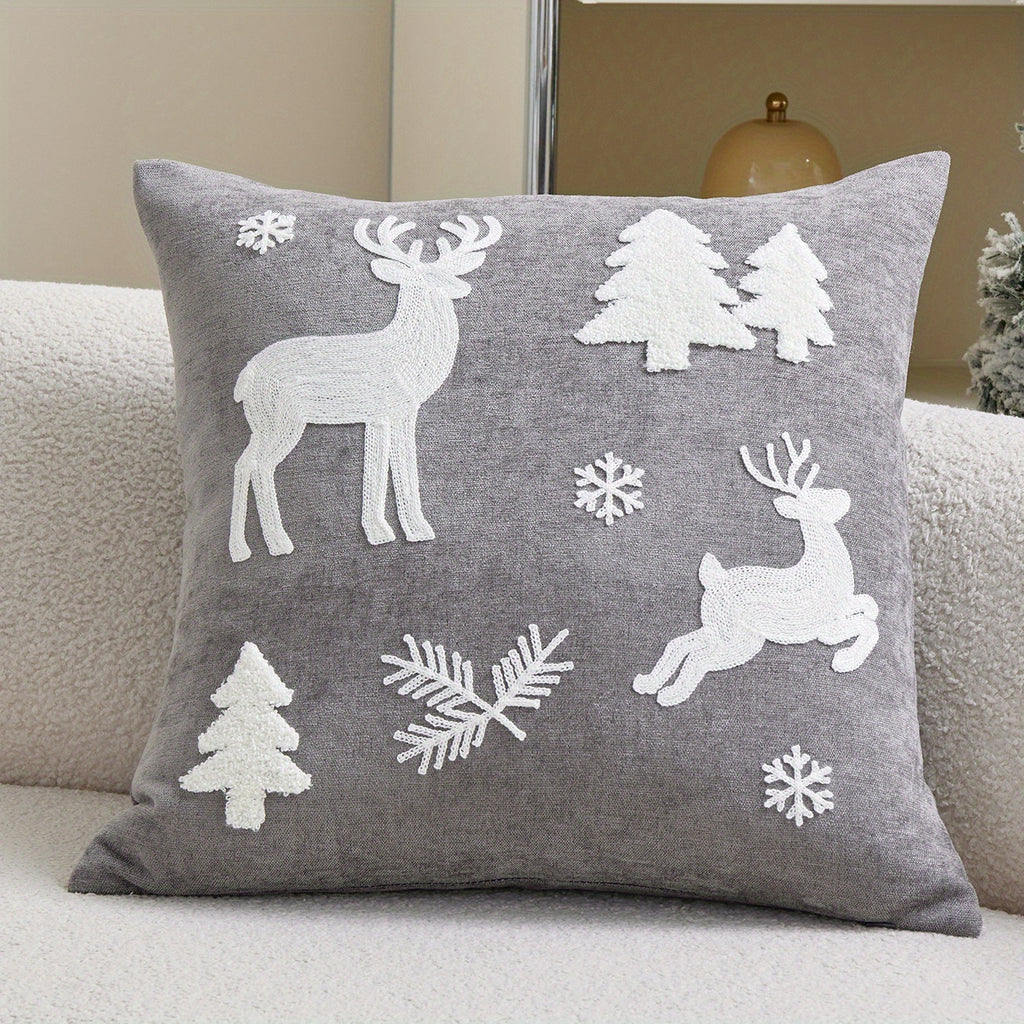 WinterWhimsy™ 3D Embroidered White Christmas Tree & Reindeer Pillow Cover