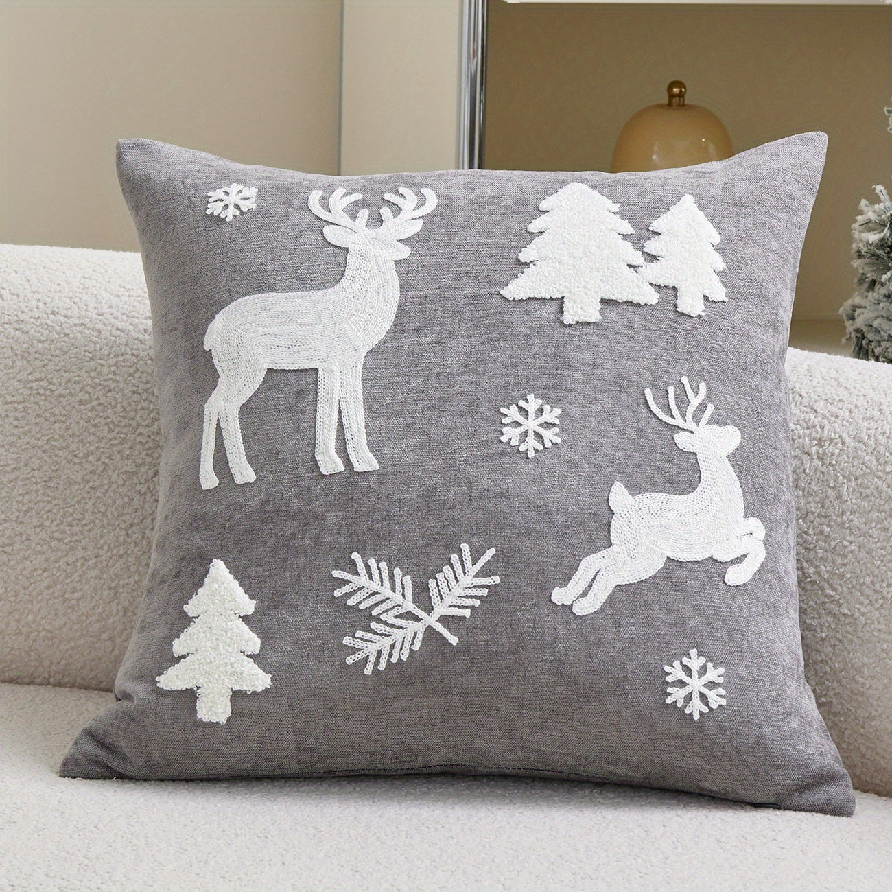 WinterWhimsy™ 3D Embroidered White Christmas Tree & Reindeer Pillow Cover